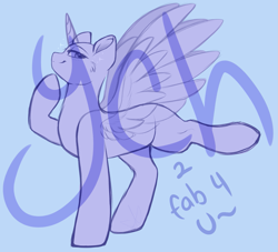 Size: 2095x1905 | Tagged: safe, artist:purplegrim40, oc, oc only, alicorn, pony, alicorn oc, blue background, commission, horn, raised hoof, simple background, smiling, solo, wings, your character here