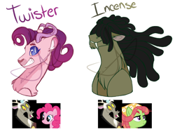 Size: 1600x1200 | Tagged: safe, artist:purplegrim40, discord, pinkie pie, tree hugger, oc, draconequus, earth pony, pony, g4, bust, clothes, draconequus oc, dreadlocks, female, grin, hair over eyes, headscarf, interspecies offspring, male, mare, offspring, parent:discord, parent:pinkie pie, parent:tree hugger, parents:discopie, scarf, simple background, smiling, white background