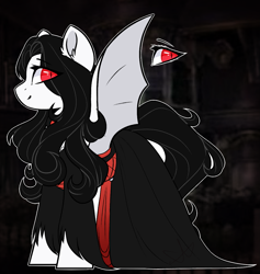 Size: 1137x1200 | Tagged: safe, artist:purplegrim40, oc, oc only, bat pony, pony, undead, vampire, vampony, abstract background, bat pony oc, bat wings, black background, clothes, female, mare, red eyes, smiling, solo, wings