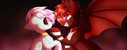 Size: 1651x660 | Tagged: safe, artist:_ladybanshee_, oc, oc:#c0ffee, demon, demon pony, pegasus, pony, chest fluff, corrupted, demon wings, evil, evil grin, fangs, gay, glowing, glowing eyes, grin, male, mind control, neck rings, smiling, spread wings, stallion, wings