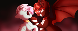 Size: 1651x660 | Tagged: safe, artist:_ladybanshee_, oc, oc:#c0ffee, demon, demon pony, pegasus, pony, chest fluff, corrupted, demon wings, evil, evil smile, fangs, gay, glowing, glowing eyes, grin, male, mind control, neck rings, smiling, spread wings, stallion, wings