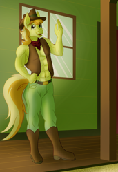 Size: 1950x2850 | Tagged: safe, artist:sixes&sevens, braeburn, earth pony, anthro, g4, bandana, boots, braeburn's hat, clothes, cowboy boots, hat, limited palette, male, muscles, partial nudity, porch, shoes, smiling, solo, topless, vest, waving