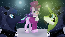 Size: 1280x720 | Tagged: safe, artist:greenlion, princess luna, snowfall frost, spirit of hearth's warming yet to come, starlight glimmer, oc, alicorn, pony, unicorn, a hearth's warming tail, g4, artwork, clothes, frock coat, green, hat, jabot, shirt, snow, snowfall, spats, top hat