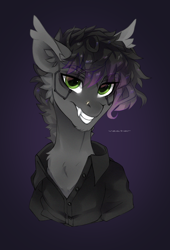 Size: 1500x2200 | Tagged: safe, artist:zlatavector, oc, oc only, oc:max moore, bat pony, cyber pony, pegasus, pony, bat pony oc, bust, clothes, commission, eye clipping through hair, eyebrows, eyebrows visible through hair, gradient background, grin, looking at you, male, piercing, shirt, signature, smiling, smiling at you, solo, stallion