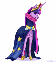 Size: 4632x5136 | Tagged: safe, artist:luna dave, twilight sparkle, pony, unicorn, g4, big crown thingy, cape, clothes, commission, element of magic, female, jewelry, mare, older, realistic horse legs, regalia, ruff (clothing), simple background, solo