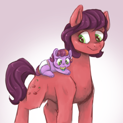 Size: 768x768 | Tagged: safe, artist:smirk, oc, oc only, oc:cherry sweets, oc:grenadine, earth pony, pony, baby, baby pony, diaper, duo, female, filly, foal, mare, mother and child, mother and daughter, pacifier, ponies riding ponies, riding