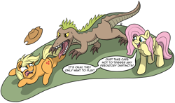 Size: 3367x1982 | Tagged: safe, artist:doodledonutart, applejack, fluttershy, dinosaur, earth pony, pegasus, pony, velociraptor, g4, carnivore, comic, female, herbivore vs carnivore, mare, oblivious, predator, predator vs prey, scared, simple background, white background