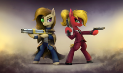 Size: 4950x2970 | Tagged: safe, artist:magfen, oc, oc only, earth pony, pony, fanfic:rekindled embers, bipedal, gun, weapon