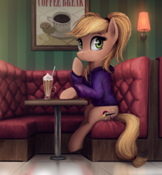 Size: 2300x2494 | Tagged: safe, artist:magfen, oc, oc only, earth pony, pony, booth, cafe, clothes, coffee, confused, couch, female, food, high res, hoodie, lamp, latte, mare, poster, sitting, solo, straw, wondering