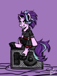 Size: 1500x2000 | Tagged: safe, artist:ami-gami, starlight glimmer, pony, unicorn, g4, alternate hairstyle, boots, clothes, dress, grin, shoes, smiling, solo, speaker