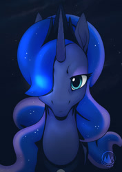 Size: 955x1351 | Tagged: safe, artist:mysticalpha, princess luna, alicorn, pony, g4, bust, female, hair over one eye, lidded eyes, looking at you, mare, portrait, solo