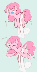 Size: 1849x3537 | Tagged: safe, artist:noupu, pinkie pie, earth pony, human, pony, g4, cute, diapinkes, eyes closed, eyes on the prize, featured image, female, happy, holding a pony, male, mare, open mouth, open smile, simple background, smiling, text, upsies, wheeeee
