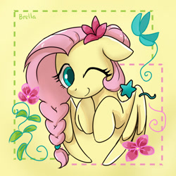 Size: 1280x1280 | Tagged: safe, artist:brella, fluttershy, pegasus, pony, g4, alternate hairstyle, braid, bust, cute, female, floppy ears, flower, flower in hair, hooves to the chest, looking at you, mare, one eye closed, partially open wings, shyabetes, smiling, smiling at you, solo, stars, wings, wink, winking at you