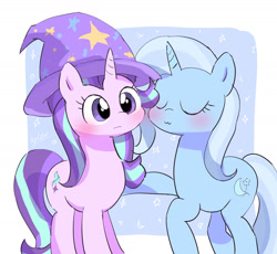 Size: 1740x1604 | Tagged: safe, artist:leo19969525, starlight glimmer, trixie, pony, unicorn, g4, :3, abstract background, clothes, cute, diatrixes, duo, duo female, eyes closed, female, glimmerbetes, hat, horn, lesbian, mare, ship:startrix, shipping, trixie's hat, white background