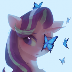 Size: 3000x3000 | Tagged: safe, artist:anku, starlight glimmer, butterfly, pony, unicorn, g4, blushing, bust, cute, eye clipping through hair, eyebrows, eyebrows visible through hair, female, glimmerbetes, high res, light blue background, mare, one eye closed, open mouth, portrait, signature, simple background, solo
