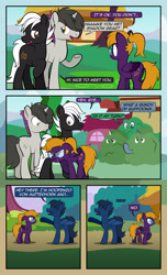 Size: 1920x3168 | Tagged: safe, artist:alexdti, oc, oc only, oc:bass sparks, oc:brainstorm (alexdti), oc:purple creativity, oc:shadow gear, oc:star logic, bat pony, earth pony, pegasus, pony, unicorn, comic:quest for friendship, angry, bat pony oc, bat wings, bush, butt, comic, dialogue, dot eyes, ear fluff, ear piercing, ear tufts, earring, ears back, earth pony oc, eyes closed, facial hair, fangs, female, folded wings, frown, high res, hooves, horn, jewelry, looking at someone, looking back, male, mare, narrowed eyes, open mouth, open smile, outdoors, pegasus oc, piercing, plot, ponytail, raised hoof, raised leg, shadow, shrunken pupils, smiling, speech bubble, stallion, standing, tail, unamused, underhoof, unicorn oc, walking, wall of tags, wings