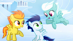 Size: 1280x720 | Tagged: safe, artist:mlplary6, fleetfoot, soarin', spitfire, pegasus, pony, g4, childhood friends, colt, colt soarin', female, filly, filly fleetfoot, filly spitfire, flying, foal, friends, male, smiling, younger