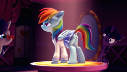 Size: 3840x2160 | Tagged: safe, artist:psfmer, rainbow dash, rarity, twilight sparkle, alicorn, pegasus, unicorn, 3d, absurd file size, blushing, butt, carousel boutique, clothes, dock, eyes on the prize, floppy ears, frown, glasses, high res, implied lesbian, implied shipping, implied twidash, mirror, platform, plot, rainbow dash always dresses in style, rainbow dash is not amused, rainbutt dash, rarity's glasses, revamped ponies, school uniform, skirt, source filmmaker, spotlight, tail, twilight sparkle (alicorn), unamused