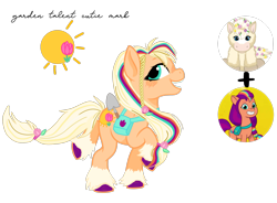 Size: 2999x2209 | Tagged: safe, artist:dancingkinfiend, artist:vernorexia, sunny starscout, oc, clydesdale, earth pony, pony, g5, my little pony: tell your tale, bag, base used, blonde, braid, colored hooves, commission, cutie mark, eyelashes, flower, flower in hair, fusion, g5 concept leak style, hairband, leg fluff, orange coat, ponytail, prancing, raised hoof, shovel, simple background, solo, transparent background, tulip, webkinz, webkinz tulip pony