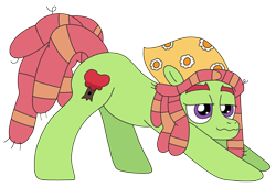 Size: 2907x1992 | Tagged: safe, artist:supahdonarudo, tree hugger, earth pony, pony, g4, ass up, bandana, female, full body, high res, hooves, iwtcird, lidded eyes, mare, meme, simple background, solo, stretching, tail, transparent background, wavy mouth