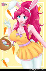 Size: 514x800 | Tagged: safe, artist:clouddg, part of a set, pinkie pie, human, equestria girls, g4, basket, breasts, busty pinkie pie, cleavage, clothes, easter, easter basket, easter egg, female, holiday, multiple variants, open mouth, socks, solo, thigh highs