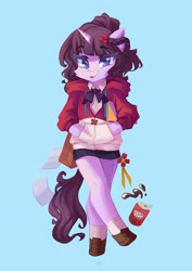Size: 2898x4096 | Tagged: safe, artist:saxopi, oc, oc only, unicorn, semi-anthro, arm hooves, bag, blue background, bow, cheek fluff, clothes, dr pepper, ear fluff, eyebrows, eyebrows visible through hair, hand in pocket, high res, hoodie, hoof shoes, horn, looking at you, paper, paper bag, simple background, solo, tongue out, unicorn oc