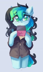 Size: 2484x4096 | Tagged: safe, artist:saxopi, oc, oc only, oc:kiru, earth pony, semi-anthro, 3ds, arm hooves, blue background, box, cheek fluff, clothes, ear fluff, earth pony oc, eye clipping through hair, eyebrows, eyebrows visible through hair, high res, hoof hold, looking at you, simple background, solo, tail, two toned mane, two toned tail