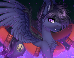 Size: 3200x2500 | Tagged: safe, artist:hakaina, oc, oc only, oc:fenris ebonyglow, pegasus, pony, clothes, concave belly, fangs, fluffy, high res, looking at you, male, pegasus oc, scarf, slender, smiling, smiling at you, solo, spread wings, stallion, thin, wings