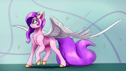 Size: 3840x2160 | Tagged: safe, artist:tenebrisnoctus, pipp petals, pegasus, pony, g5, abstract background, adorapipp, concave belly, cute, female, high res, large wings, long tail, mare, raised hoof, raised leg, skinny pipp, solo, spread wings, sternocleidomastoid, tail, wings