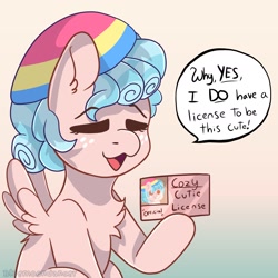 Size: 1790x1788 | Tagged: safe, artist:bluemoon, cozy glow, pegasus, pony, g4, beanie, beanie hat, commission, cozybetes, cute, dialogue, eyes closed, female, filly, foal, hat, id card, license, pansexual pride flag, pride, pride flag, solo, spread wings, wings, ych result