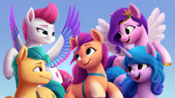 Size: 1920x1080 | Tagged: safe, artist:luminousdazzle, hitch trailblazer, izzy moonbow, pipp petals, sunny starscout, zipp storm, earth pony, pegasus, pony, unicorn, g5, my little pony: a new generation, adorapipp, adorazipp, bust, cute, female, gradient background, grin, hitchbetes, izzybetes, looking at each other, looking at someone, male, mane five (g5), mare, open mouth, open smile, semi-realistic, smiling, smiling at each other, spread wings, stallion, sunnybetes, unshorn fetlocks, wings