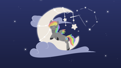 Size: 1920x1080 | Tagged: safe, artist:rumista, oc, oc only, oc:dark rainbow, pegasus, pony, cloud, colored wings, commission, cute, dark background, male, moon, multicolored wings, night, pegasus oc, rainbow wings, sleeping, solo, space, stallion, stars, wings, ych result
