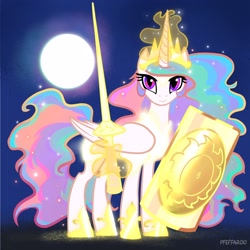 Size: 2568x2568 | Tagged: safe, artist:pfeffaroo, princess celestia, alicorn, pony, fanfic:the triangle of moons: mending shards, g4, high res, magic, shield, solo, sword, weapon