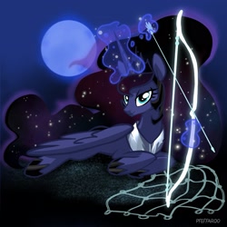 Size: 2283x2283 | Tagged: safe, artist:pfeffaroo, princess luna, alicorn, pony, fanfic:the triangle of moons: mending shards, g4, arrow, bow (weapon), bow and arrow, high res, moon, solo, weapon