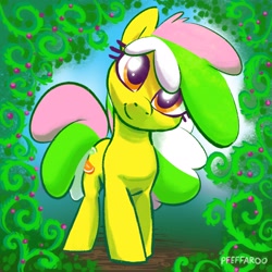 Size: 2048x2048 | Tagged: safe, artist:pfeffaroo, oc, oc only, oc:summer delight, earth pony, pony, earth pony oc, high res, hooves, multicolored mane, signature, smiling, solo, standing