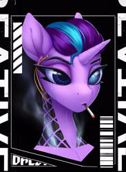 Size: 2200x3000 | Tagged: safe, artist:dacsy, starlight glimmer, gynoid, pony, robot, robot pony, unicorn, collaboration:choose your starlight, g4, cigarette, collaboration, cyberpunk, female, glimmerbot, high res, smoke, smoking, solo