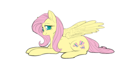 Size: 2600x1250 | Tagged: safe, artist:snspony, edit, fluttershy, pegasus, pony, g4, :t, blushing, colored pupils, cute, female, full body, hooves, lidded eyes, lying down, mare, prone, shyabetes, simple background, smiling, solo, white background, wings