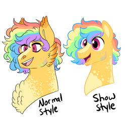 Size: 3000x3000 | Tagged: safe, artist:gingygin, oc, oc only, oc:carnival frenzy, pegasus, pony, bust, cheek feathers, chest fluff, coat markings, duality, ear fluff, facial hair, high res, male, multicolored hair, open mouth, open smile, pegasus oc, rainbow hair, simple background, smiling, solo, stallion, white background