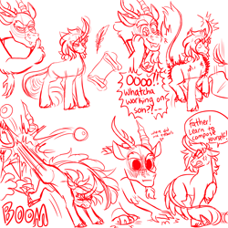 Size: 3000x3000 | Tagged: safe, artist:gingygin, discord, oc, oc:solstice flare, draconequus, hybrid, pony, unicorn, g4, cartoon physics, comic, cross-popping veins, duo, father and child, high res, interspecies offspring, kicking, monochrome, offspring, parent:discord, parent:princess celestia, parents:dislestia, quill, scoll, simple background, sketch, speech bubble, white background, yelling