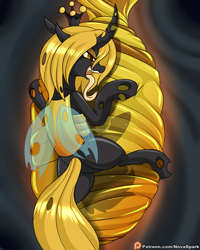 Size: 2000x2500 | Tagged: safe, artist:novaspark, oc, oc only, oc:gemini, changeling, changeling queen, changeling oc, cocoon, fangs, female, high res, long tongue, solo, tongue out, yellow changeling