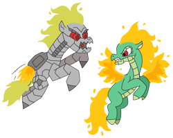 Size: 2854x2277 | Tagged: safe, artist:supahdonarudo, tianhuo (tfh), dragon, hybrid, longma, robot, them's fightin' herds, community related, flying, high res, mane of fire, roboticization, simple background, transparent background