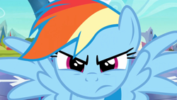 Size: 1920x1080 | Tagged: safe, screencap, rainbow dash, pegasus, pony, g4, season 3, the crystal empire, close-up, female, frown, mare, narrowed eyes, rainbow dash is not amused, solo, spread wings, unamused, wings