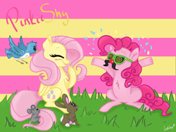 Size: 4000x3000 | Tagged: safe, artist:lostsheep, fluttershy, pinkie pie, bird, earth pony, mouse, pegasus, pony, rabbit, g4, animal, blushing, chest fluff, confetti, cute, diapinkes, duo, eyes closed, female, folded wings, grass, groucho mask, high res, hooves out, lesbian, mare, ship:flutterpie, shipping, shyabetes, sitting, striped background, wings