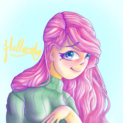 Size: 1280x1280 | Tagged: safe, artist:lotuspolaris, fluttershy, human, equestria girls, g4, clothes, eyebrows, eyebrows visible through hair, looking at you, smiling, smiling at you, solo, sweater, turtleneck