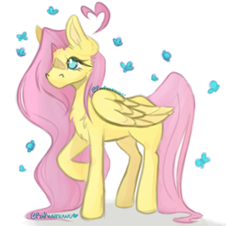 Size: 3000x3000 | Tagged: safe, artist:keithdrawings, fluttershy, butterfly, pegasus, pony, g4, chest fluff, cute, high res, no pupils, shyabetes, simple background, solo, white background