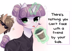 Size: 3900x2752 | Tagged: safe, artist:arwencuack, oc, oc only, oc:tuesday, oc:twosday, pony, unicorn, 4chan, :3, angry, angry face, blushing, coffee, commission, cute, duo, eye clipping through hair, eyebrows, eyebrows visible through hair, female, frown, glasses, glowing, glowing horn, high res, horn, magic, magic aura, mare, positive ponies, purple hair, simple background, sunglasses, telekinesis, text, tongue out, unicorn oc, weekday ponies, white background