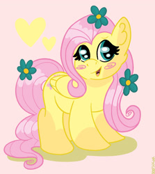 Size: 1280x1434 | Tagged: safe, artist:boosugar, fluttershy, pegasus, pony, g4, blush sticker, blushing, female, flower, flower in hair, heart, mare, pink background, simple background, smiling, solo