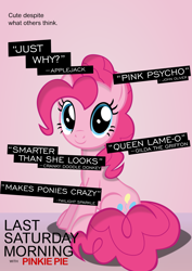 Size: 3307x4677 | Tagged: safe, alternate version, artist:ace play, pinkie pie, earth pony, pony, g4, cute, diapinkes, female, high res, implied applejack, implied cranky doodle donkey, implied gilda, implied twilight sparkle, last saturday morning with pinkie pie, last week tonight, last week tonight with john oliver, looking at you, mare, one of these things is not like the others, parody, poster, sitting, solo, vector