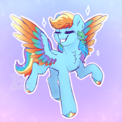 Size: 1500x1500 | Tagged: safe, artist:fanaticpanda, rainbow dash, pegasus, pony, g4, blushing, cheek fluff, chest fluff, colored hooves, colored wings, cute, dashabetes, ear fluff, eyelashes, eyes closed, gradient background, grin, pose, showing off, simple background, smiling, solo, sparkles, unshorn fetlocks, wings