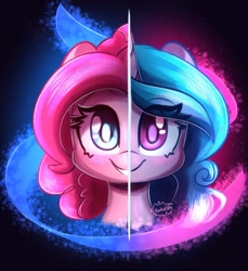 Size: 2203x2407 | Tagged: safe, artist:sakukitty, part of a set, izzy moonbow, pinkie pie, earth pony, pony, unicorn, g4, g5, abstract background, bust, cute, diapinkes, duo, duo female, female, g4 to g5, generation leap, high res, izzy and her heroine, izzybetes, mare, portrait, smiling, the new pinkie pie, two sides